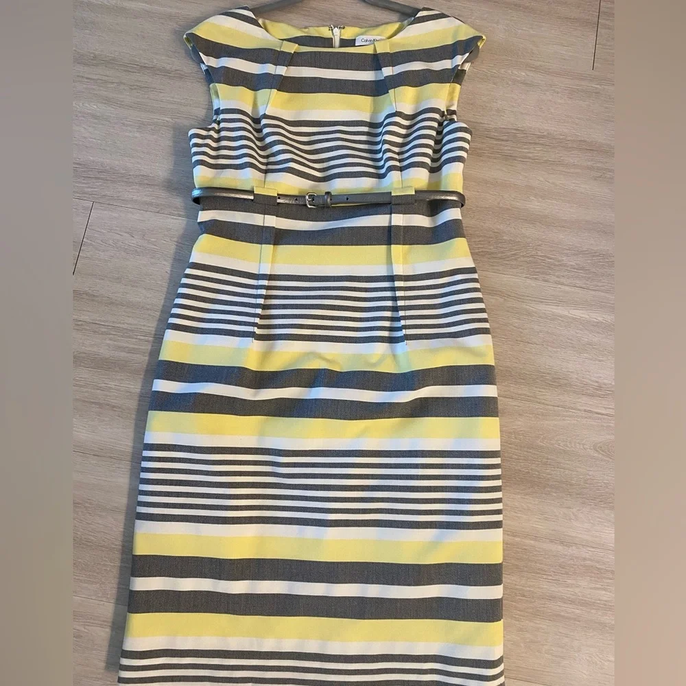 Calvin Klein Yellow, White & Gray Striped Sheath Dress